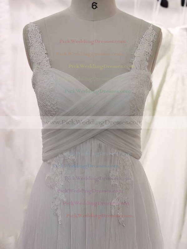 Sweetheart White Tulle Appliques Lace Zipper Court Train Wedding Dresses #PWD00021355