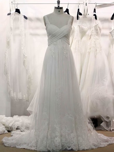 Sweetheart White Tulle Appliques Lace Zipper Court Train Wedding Dresses #PWD00021355