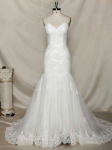 Stunning Trumpet/Mermaid Chapel Train Ivory Lace Tulle Lace-up Appliques Lace Wedding Dress #PWD00021356
