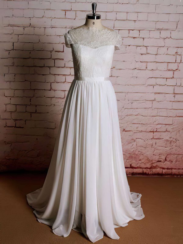 Scoop Neck Ivory Lace Chiffon Ruffles Cap Straps Sweep Train Wedding Dresses #PWD00021357