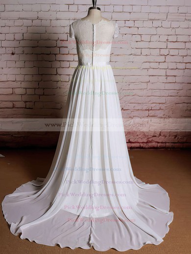 Scoop Neck Ivory Lace Chiffon Ruffles Cap Straps Sweep Train Wedding Dresses #PWD00021357