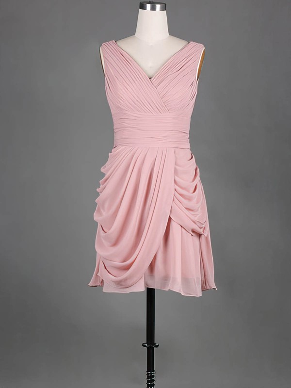 Ladies V-neck Pink Pleats Chiffon Short/Mini Bridesmaid Dress #PWD01012389