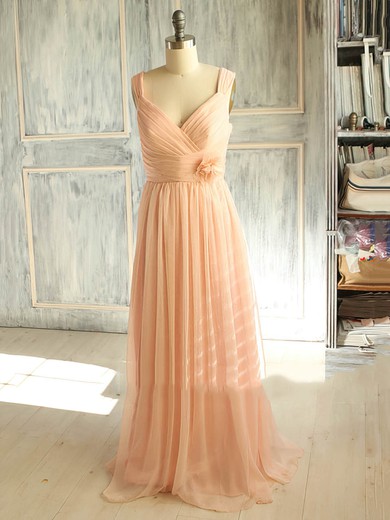 Classy V-neck Straps Chiffon Detachable Flower(s) Pink Bridesmaid Dress #PWD01012398