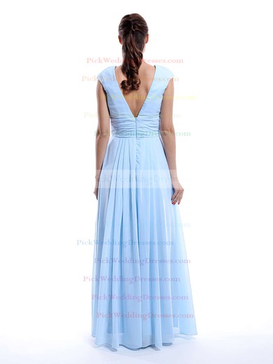 V-neck Chiffon Cap Straps A-line Ruffles Light Sky Blue Bridesmaid Dress #PWD01012423