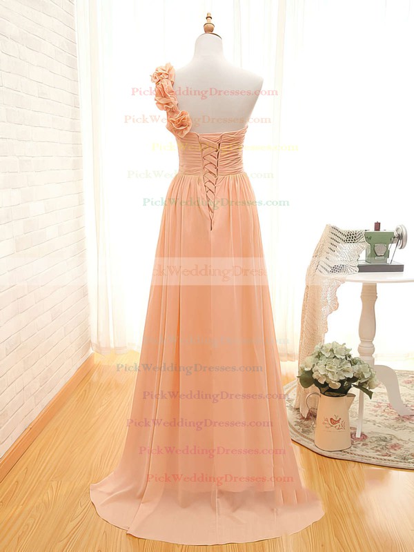 Wholesale Orange Chiffon Sweep Train Flower(s) with Lace-up One Shoulder Bridesmaid Dress #PWD01012434