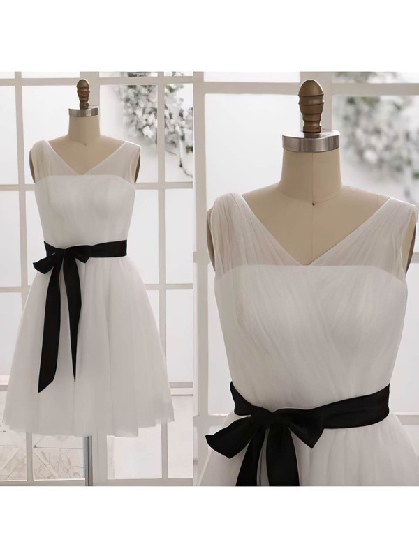 Ivory Tulle with Black Sashes/Ribbons V-neck Short/Mini Bridesmaid Dresses #PWD01012452