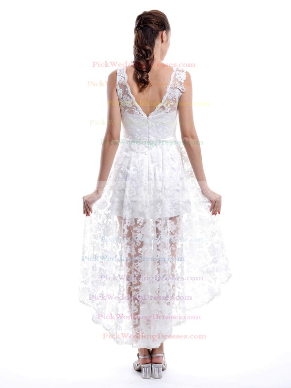 High Low V-neck White Lace Popular Asymmetrical Bridesmaid Dresses #PWD01012456