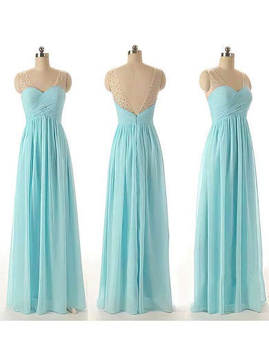 Discount V-neck Chiffon Tulle with Beading Straps Blue Bridesmaid Dresses #PWD01012460