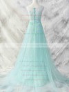 A-line Court Train Tulle Appliques Lace Scoop Neck Bridesmaid Dresses #PWD01012462