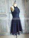 Scoop Neck Dark Navy Knee-length Elegant Chiffon Lace Bridesmaid Dress #PWD01012474