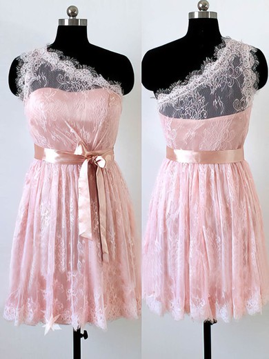 Ladies One Shoulder Pink Lace Sashes / Ribbons Short/Mini Bridesmaid Dress #PWD01012490