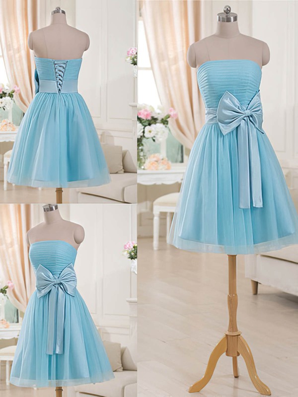 Sweet Blue Tulle Short/Mini Bow Lace-up Strapless Bridesmaid Dresses #PWD01012516