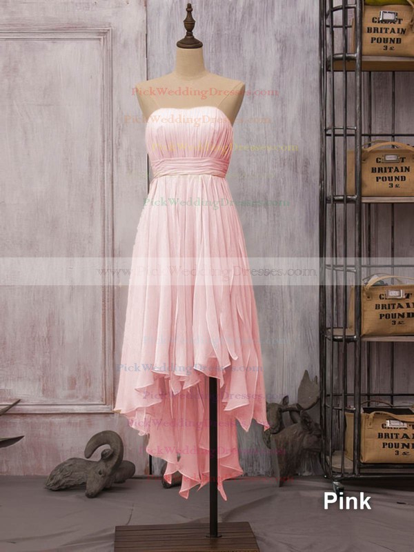 High Low Strapless Ruffles Chiffon Unique Asymmetrical Bridesmaid Dress #PWD01012523