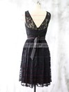 Knee-length Scoop Neck with Sashes/Ribbons Black Lace Bridesmaid Dress #PWD01012527