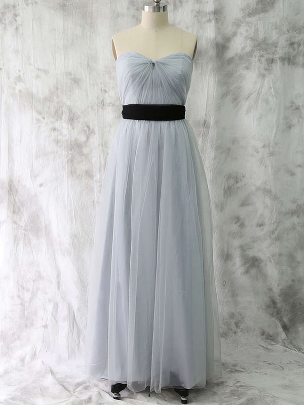 Light Slate Gray Tulle and Black Sashes/Ribbons Sweetheart Promotion Bridesmaid Dress #PWD01012530