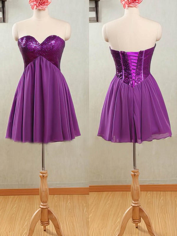 Purple Chiffon and Sparkly Sequined Short/Mini Empire Bridesmaid Dresses #PWD01012532