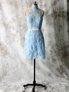 Blue Lace Tulle Appliques Short/Mini High Neck Bridesmaid Dresses #PWD01012538