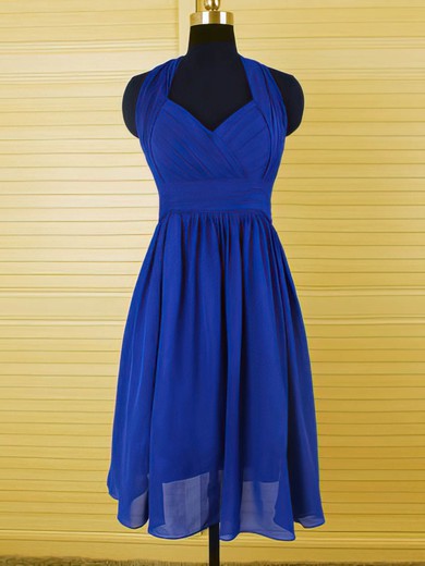 Royal Blue Ruffles Chiffon Knee-length Juniors Halter Bridesmaid Dress #PWD01012544