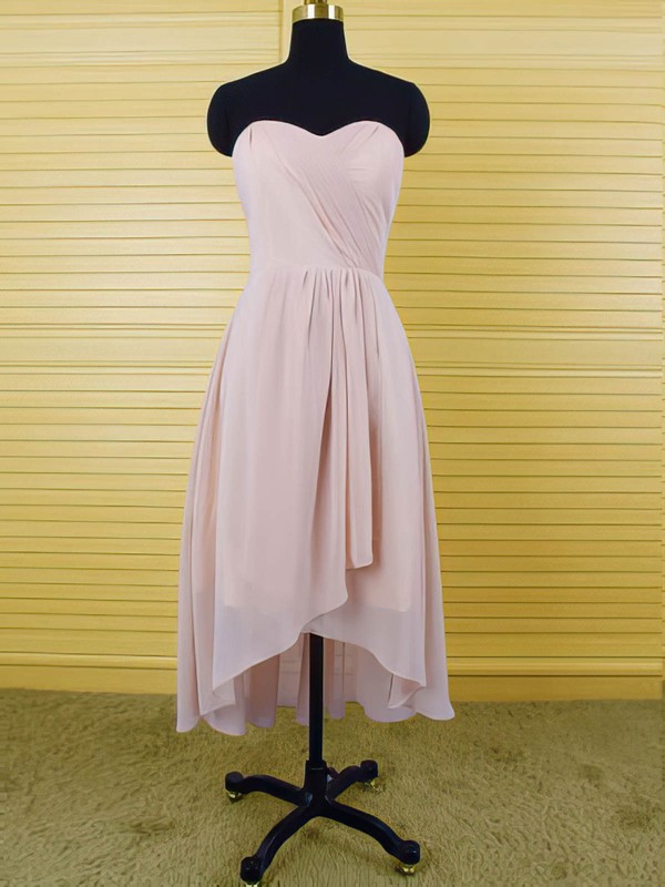 Pink Chiffon Sweetheart Simple Ruffles Asymmetrical High Low Bridesmaid Dresses #PWD01012553