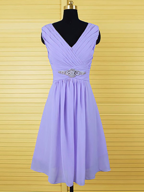 Elegant Knee-length Chiffon Crystal Detailing Lavender Bridesmaid Dresses #PWD01012555