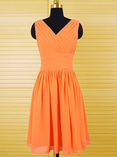 V-neck Orange Chiffon Ruffles Knee-length Cheap Bridesmaid Dresses #PWD01012556