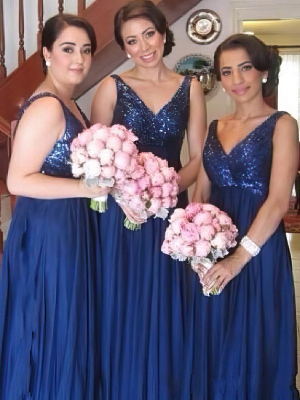 Sparkly V-neck Straps Chiffon Sequined Empire Royal Blue Bridesmaid Dresses #PWD01012579