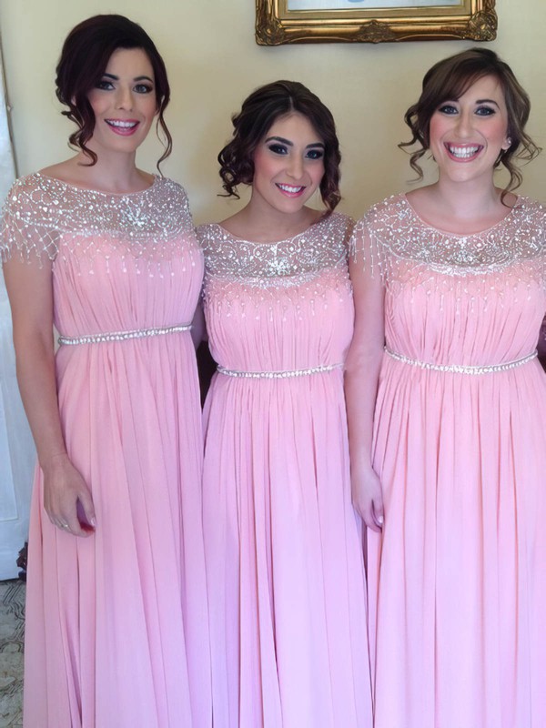 Gorgeous Scoop Neck and Beading Chiffon A-line Pink Bridesmaid Dress #PWD01012583