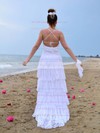 Unusual Scoop Neck Tiered Lace Spaghetti Straps Sweep Train Wedding Dress #PWD00021419