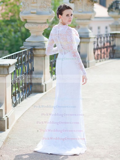 Sheath/Column Scoop Neck Long Sleeves White Lace Sweep Train Wedding Dress #PWD00021429