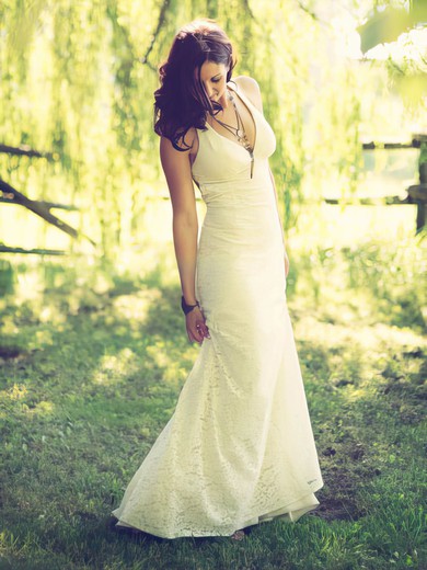 Ivory Lace Sheath/Column V-neck Sexy Open Back Wedding Dresses #PWD00021430