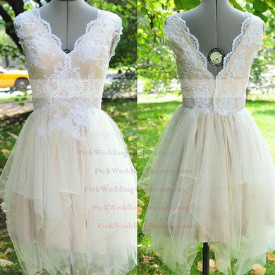 Cute Asymmetrical V-neck Tulle Sashes/Ribbons Lace Champagne Short Wedding Dresses #PWD00021442