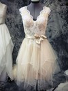 Cute Asymmetrical V-neck Tulle Sashes/Ribbons Lace Champagne Short Wedding Dresses #PWD00021442