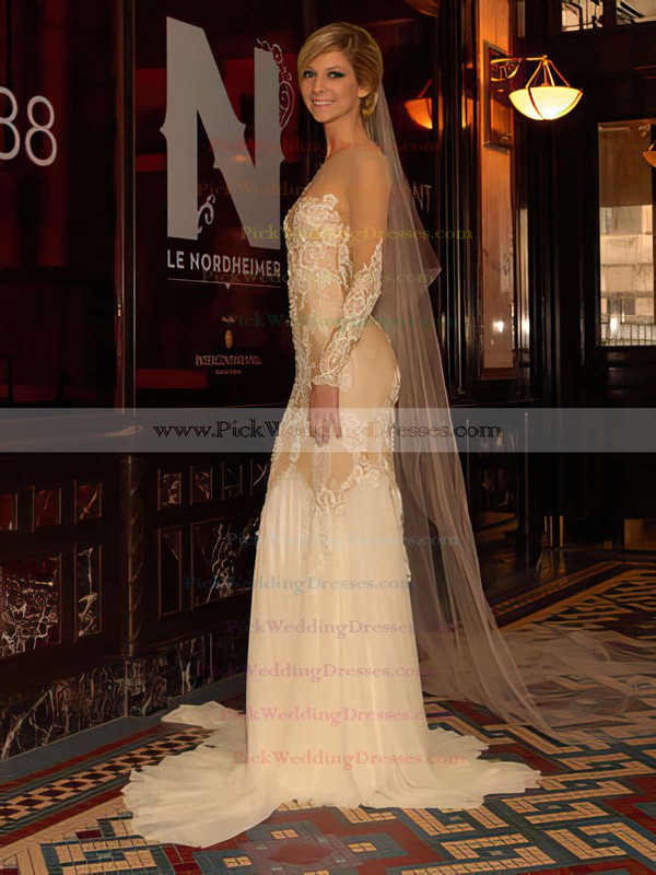 Multi Colours Chiffon Tulle with Appliques Lace Trumpet/Mermaid Long Sleeve Wedding Dress #PWD00021443