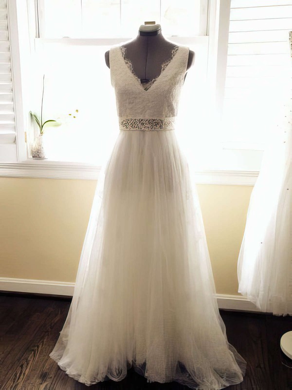 Elegant V-neck Ivory Tulle with Lace Sashes/Ribbons Court Train Wedding Dresses #PWD00021448