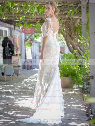 Watteau Train 1/2 Sleeve Sparkly Ivory Lace Trumpet/Mermaid Wedding Dresses #PWD00021451