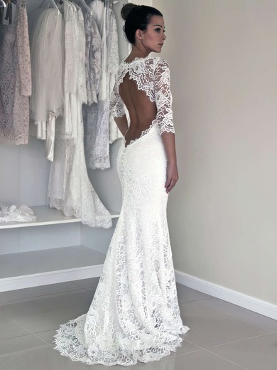 Trumpet/Mermaid White Lace Scoop with Open Back 3/4 Sleeve Modest Wedding Dress #PWD00021456