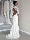 Trumpet/Mermaid White Lace Scoop with Open Back 3/4 Sleeve Modest Wedding Dress #PWD00021456