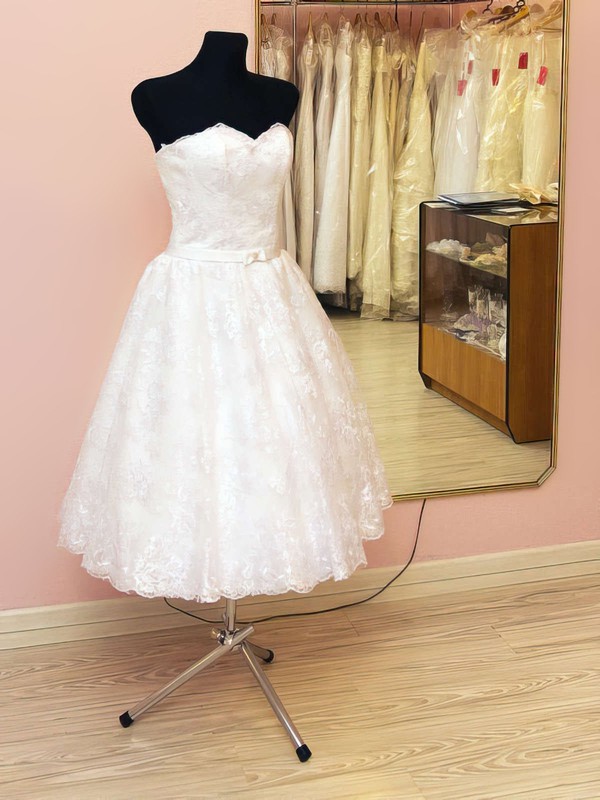 Vintage Sweetheart White Lace Tea-length Lace-up Sashes Wedding Dresses #PWD00021459