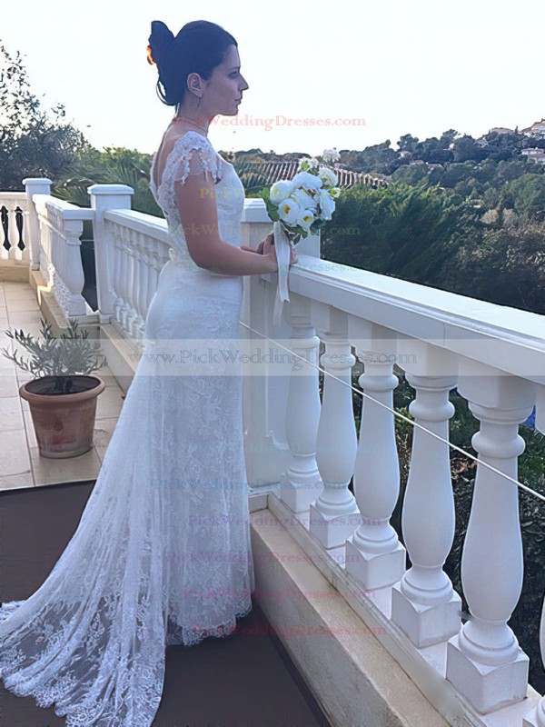 Different Watteau Train Ivory Lace Cap Straps Off-the-shoulder Wedding Dresses #PWD00021460