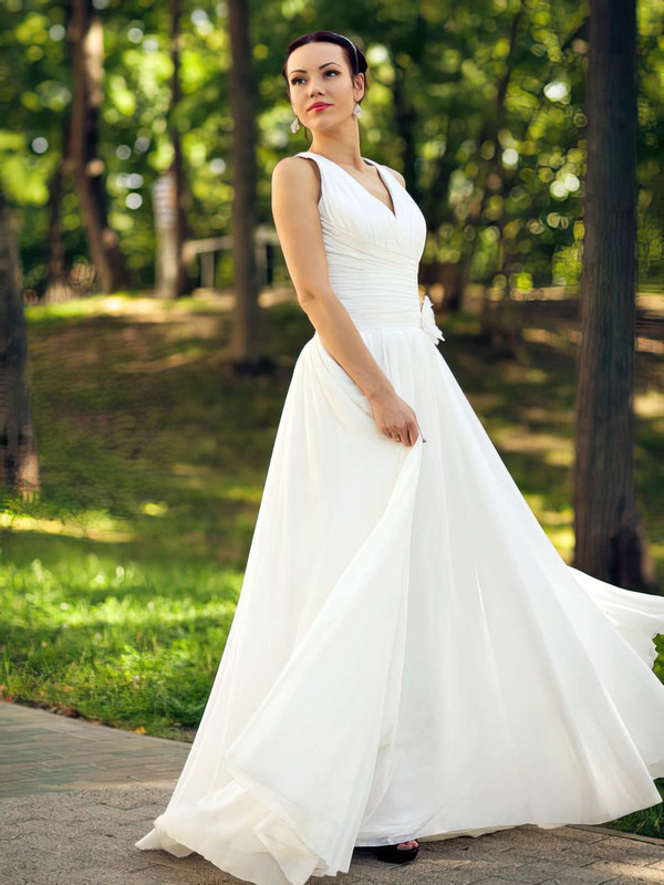 Online Ivory Ruffles V-neck Floor-length Chiffon Wedding Dresses #PWD00021463