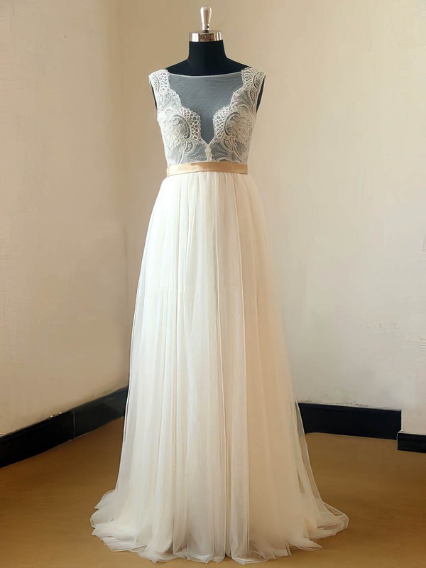Pretty Scoop Neck Ivory Tulle Appliques Lace Sweep Train Straps Wedding Dresses #PWD00021467