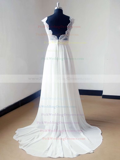 Beautiful Sweep Train Ivory Lace Chiffon V-neck Backless Wedding Dress #PWD00021468