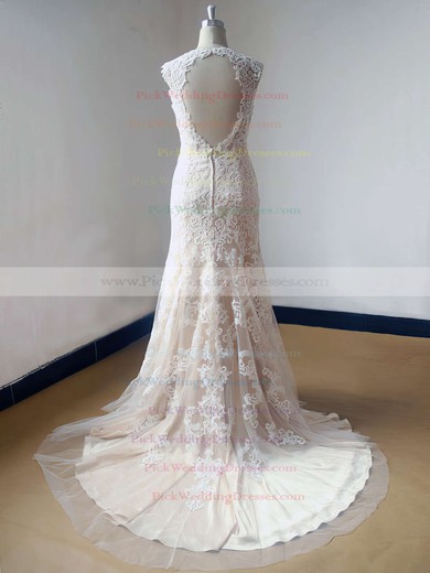 Champagne Tulle with Lace V-neck Classy Open Back Trumpet/Mermaid Wedding Dress #PWD00021469