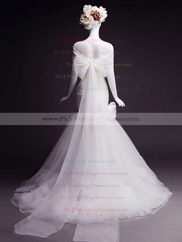 Designer Sweetheart Tulle Bow and Flower(s) White Trumpet/Mermaid Wedding Dresses #PWD00021473