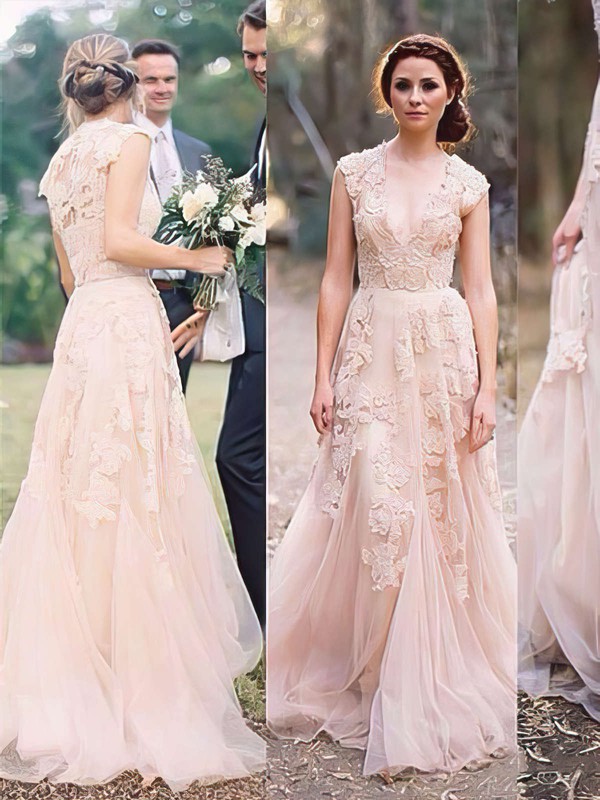 V-neck with Cap Straps Tulle Appliques Lace Classy Pearl Pink Wedding Dress #PWD00021475