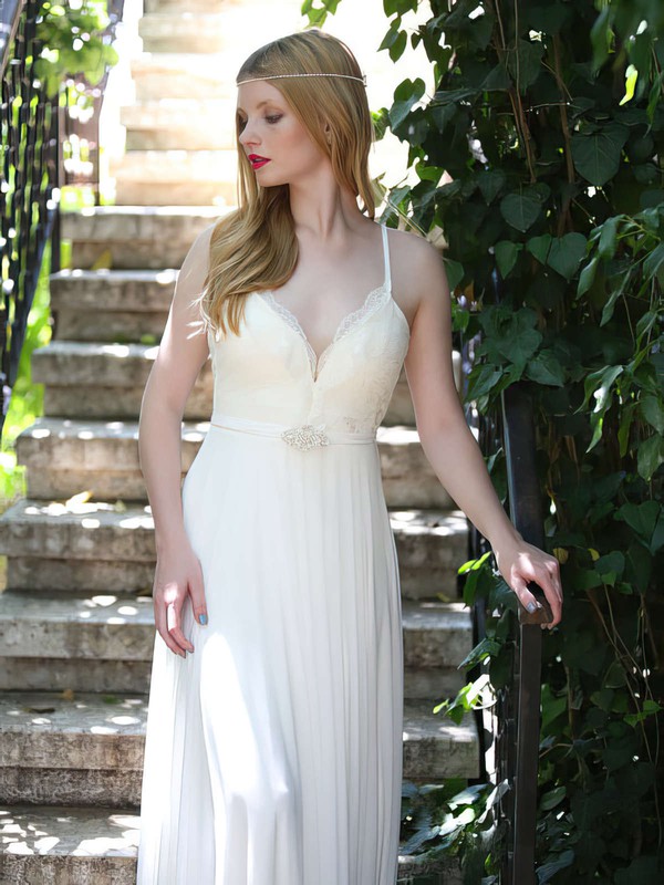 Nicest White Chiffon Lace Spaghetti Straps V-neck Backless Wedding Dresses #PWD00021481