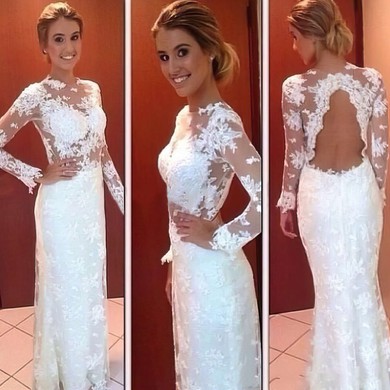 White Sheath/Column Scoop Neck and Open Back Lace Long Sleeve Wedding Dresses #PWD00021487