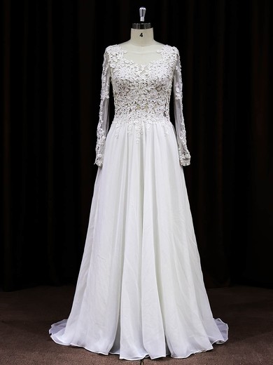 Long Sleeve Scoop Neck White Chiffon Tulle Appliques Lace Sweep Train Wedding Dress #PWD00021488