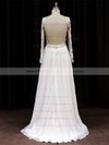 Long Sleeve Scoop Neck White Chiffon Tulle Appliques Lace Sweep Train Wedding Dress #PWD00021488