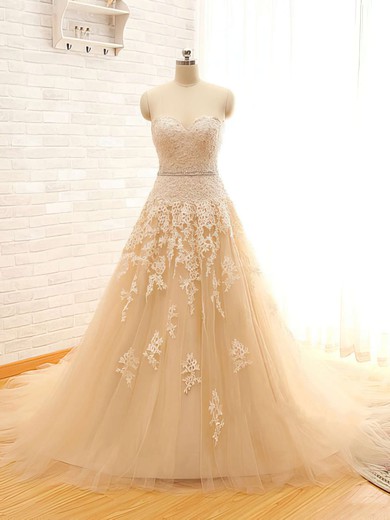Sweetheart Champagne Tulle Appliques Lace Chapel Train Wedding Dresses #PWD00021496